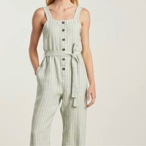 New Without Tag Everlane Light Green Brown Pinstripe 100% Linen Picnic Jumpsuit